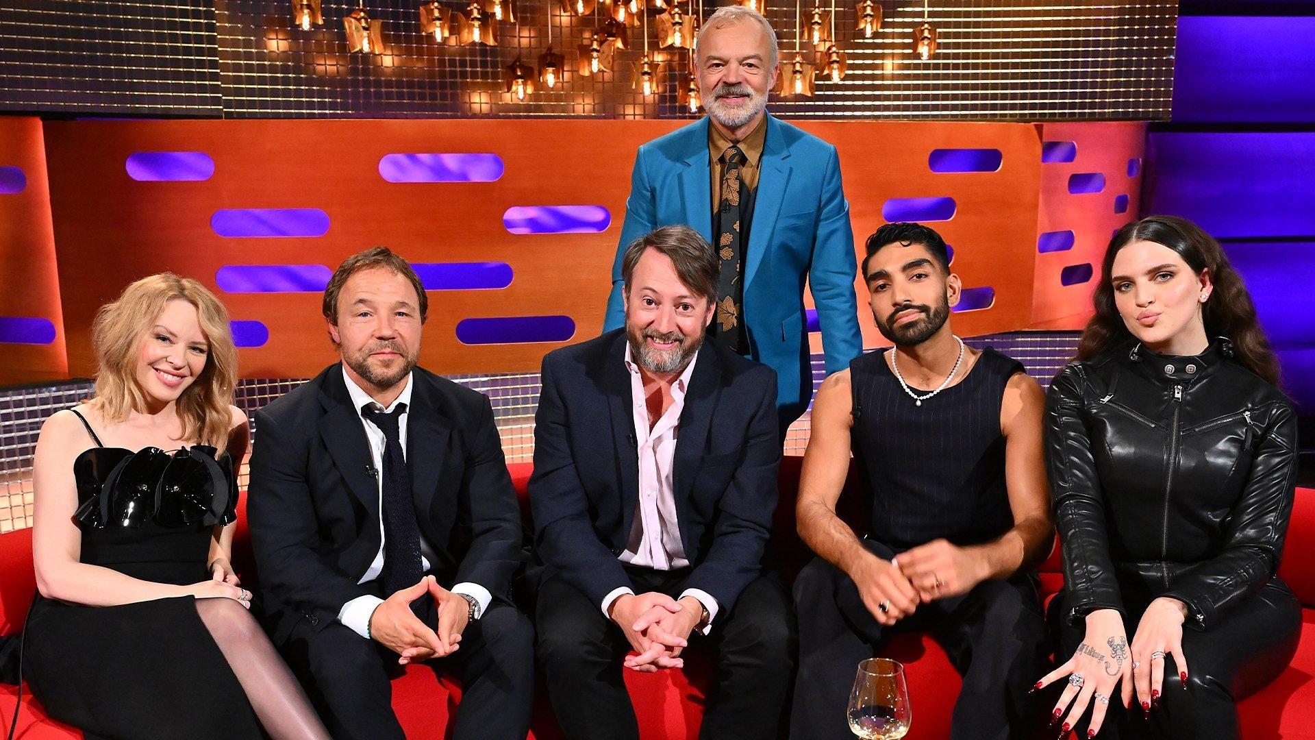 Still from Kylie Minogue, Stephen Graham, David Mitchell, Mawaan Rizwan and Mae Muller