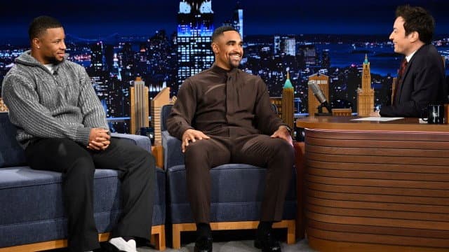 Still from Super Bowl Champions Jalen Hurts & Saquon Barkley, Jaylen Brown, Anna Cathcart, Leslie Liao
