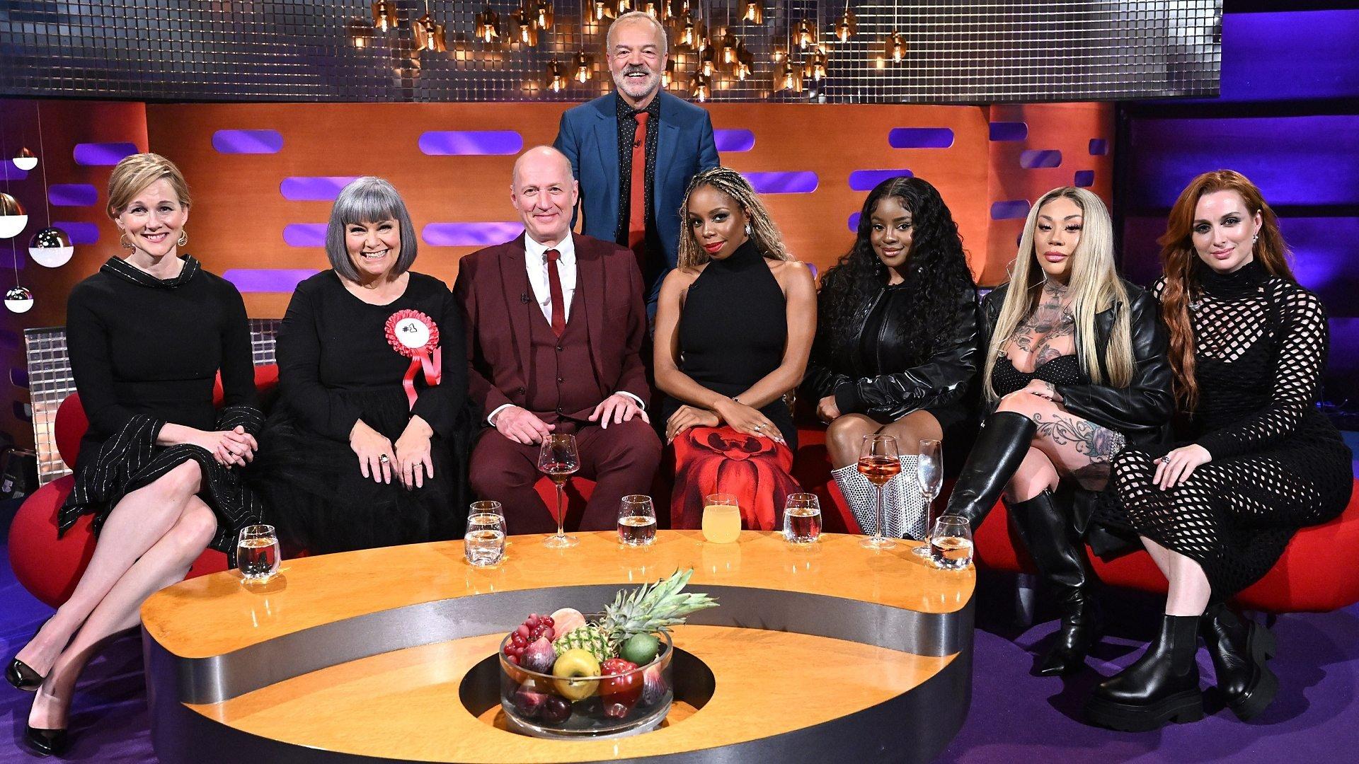 Still from Laura Linney, Dawn French, Adrian Edmondson, London Hughes and the Sugababes