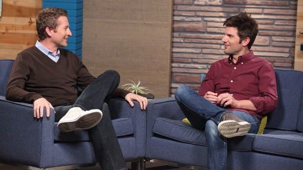 Still from Adam Scott Wears a Red Oxford Shirt & Jeans