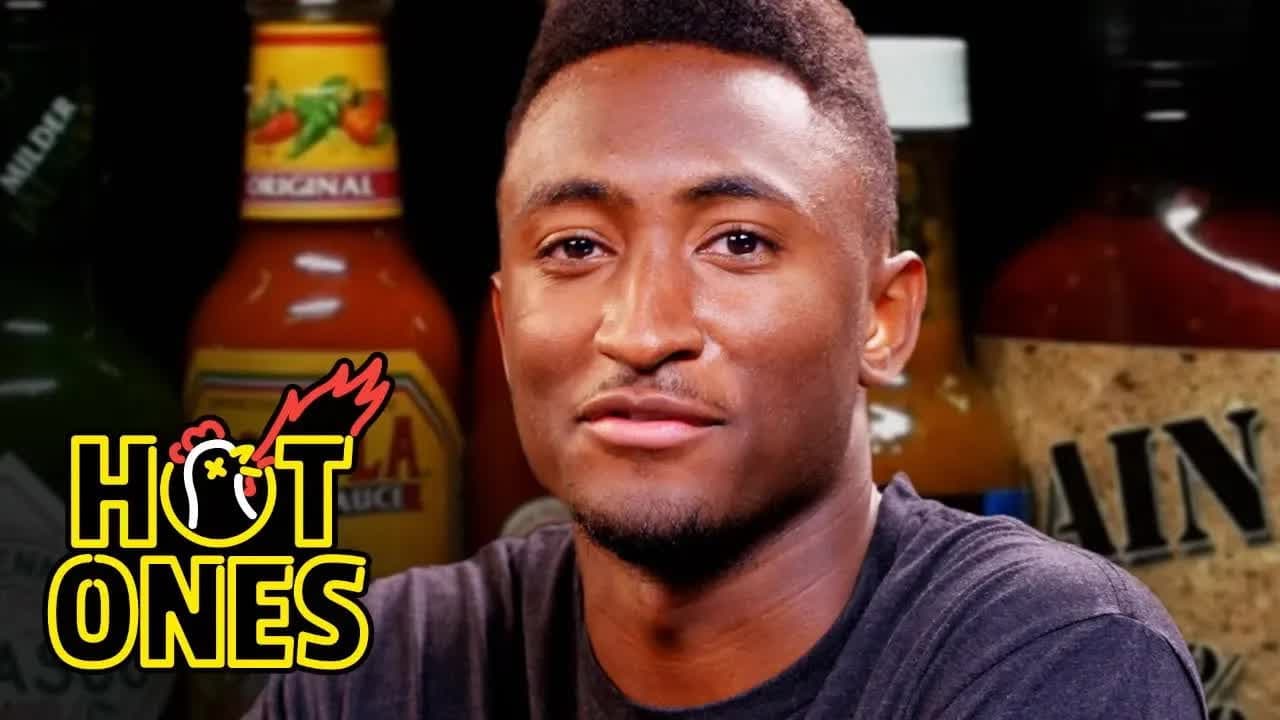 Still from Marques Brownlee Ranks Hot Sauce Labels While Eating Spicy Wings