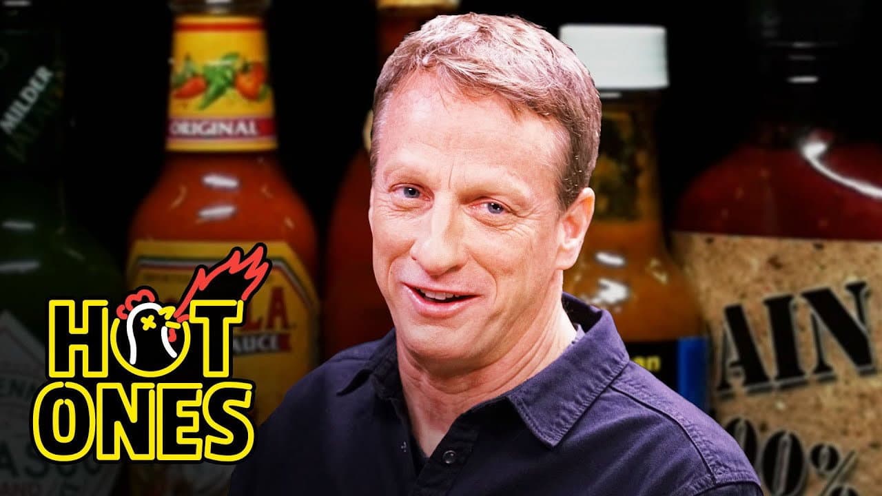 Still from Tony Hawk Embraces the Pain While Eating Spicy Wings