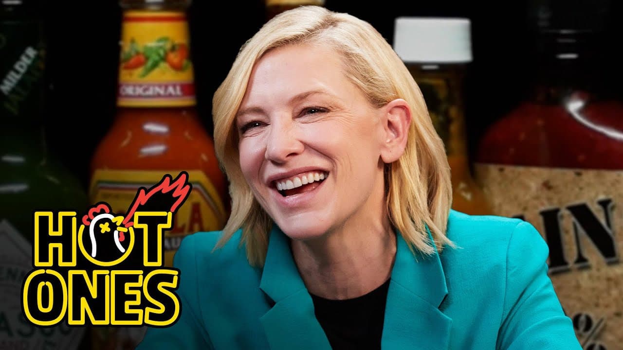 Still from Cate Blanchett Pretends No One's Watching While Eating Spicy Wings