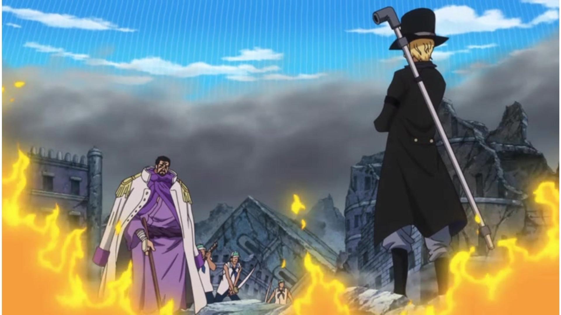 Still from A Big Collision! Chief of Staff - Sabo vs. Admiral Fujitora!