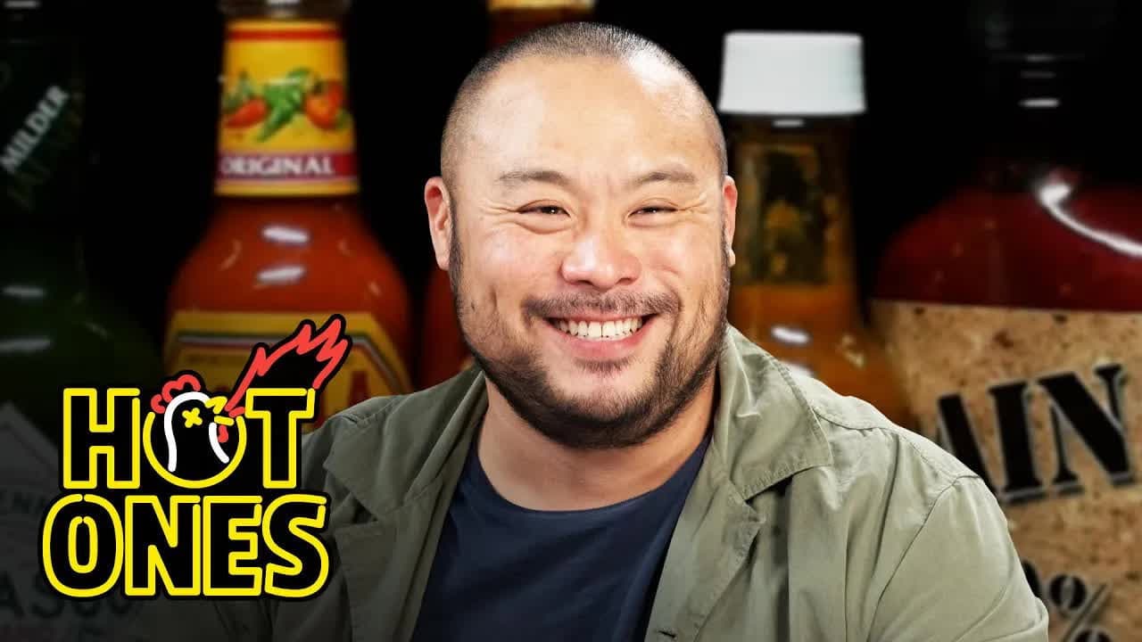 Still from David Chang Sweats Like Crazy While Eating Spicy Wings