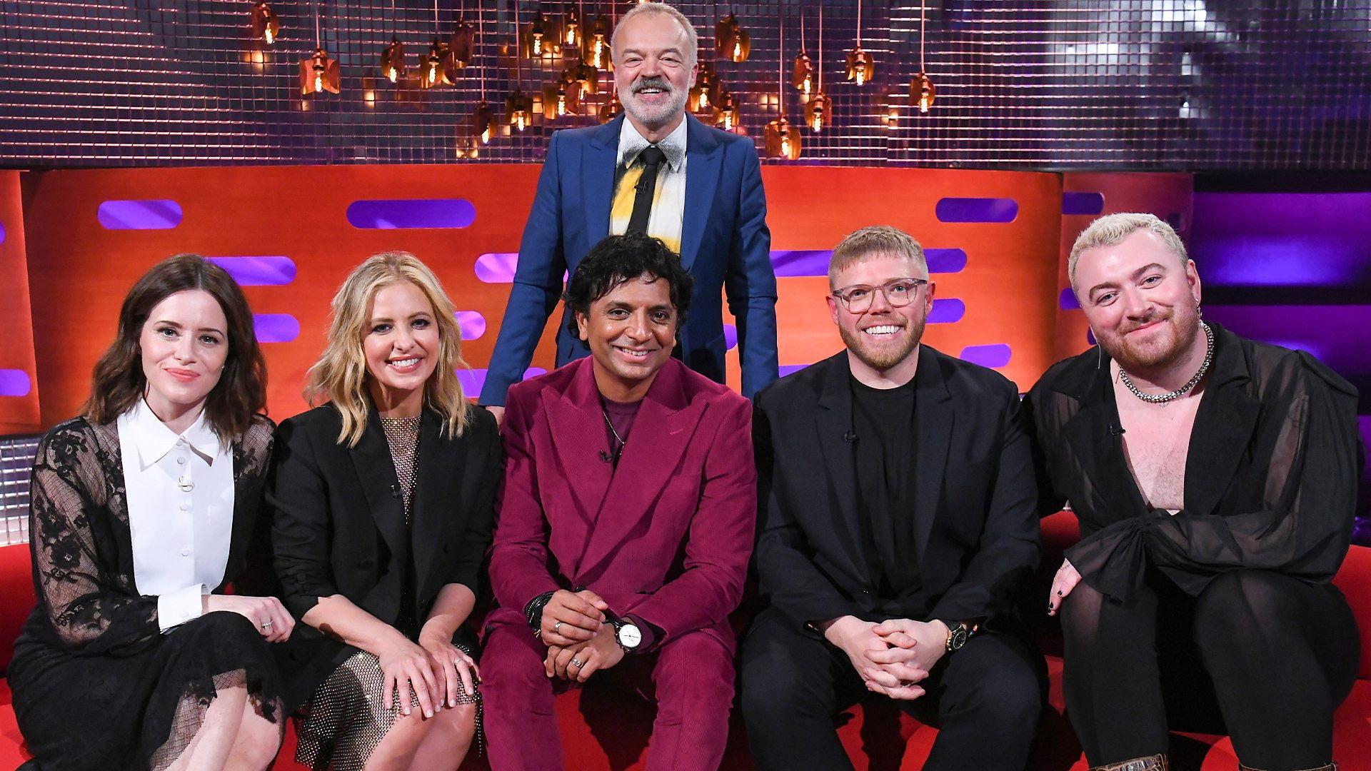Still from Claire Foy, Sarah Michelle Gellar, M. Night Shyamalan, Rob Beckett and Sam Smith