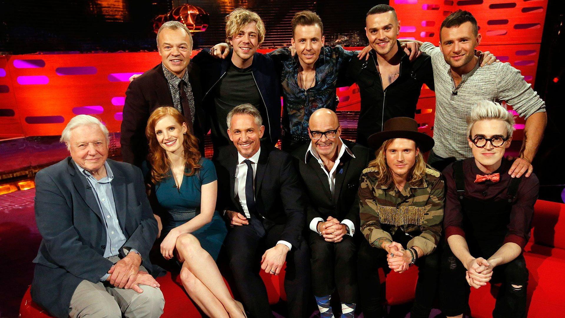 Still from Sir David Attenborough, Gary Lineker, Jessica Chastain, Harry Hill, McBusted