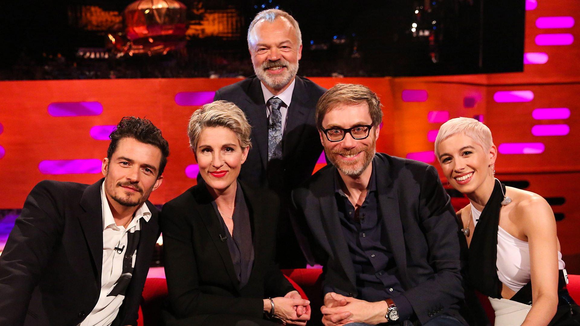 Still from Orlando Bloom, Stephen Merchant, Tamsin Greig, SuRie