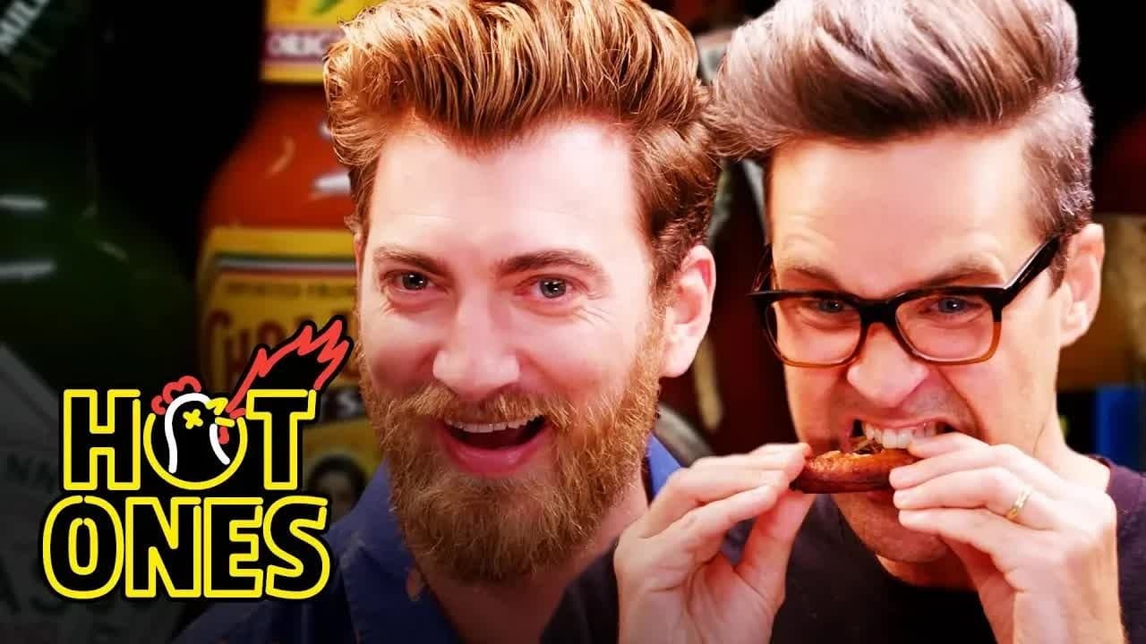 Still from Rhett & Link Hiccup Uncontrollably While Eating Spicy Wings