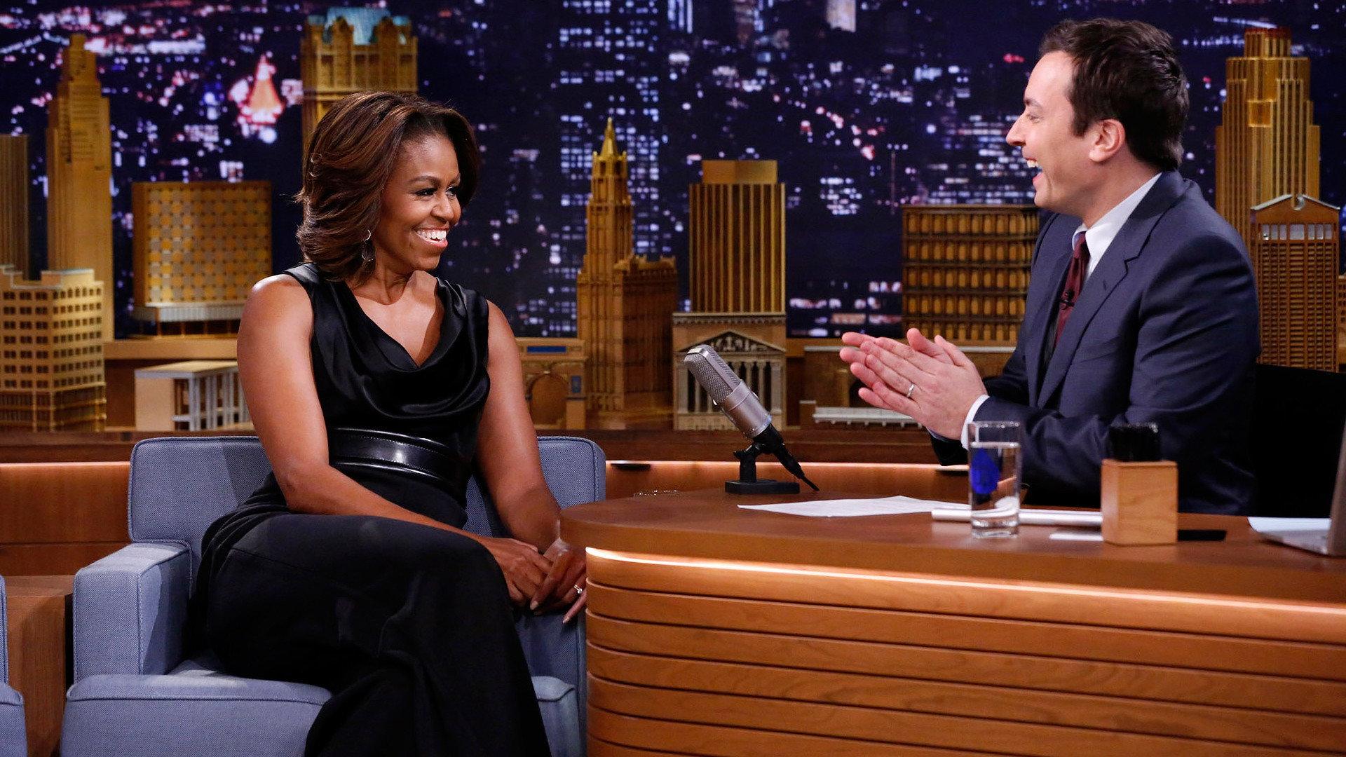 Still from Michelle Obama, Will Ferrell, Arcade Fire
