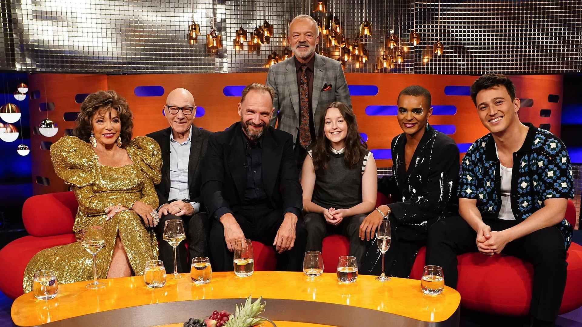 Still from Sir Patrick Stewart, Ralph Fiennes, Bella Ramsey, Layton Williams, Dame Joan Collins and Zak Abel