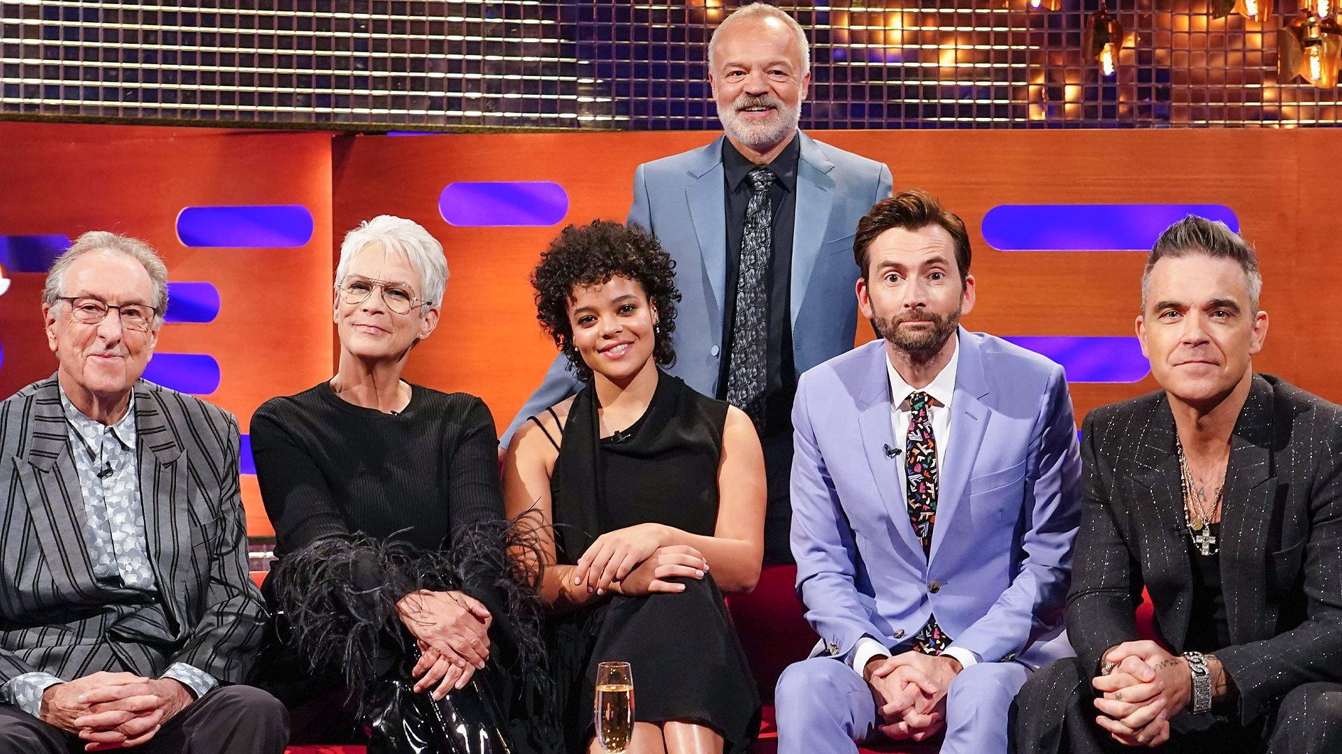 Still from Jamie Lee Curtis, Lydia West, David Tennant, Eric Idle and Robbie Williams