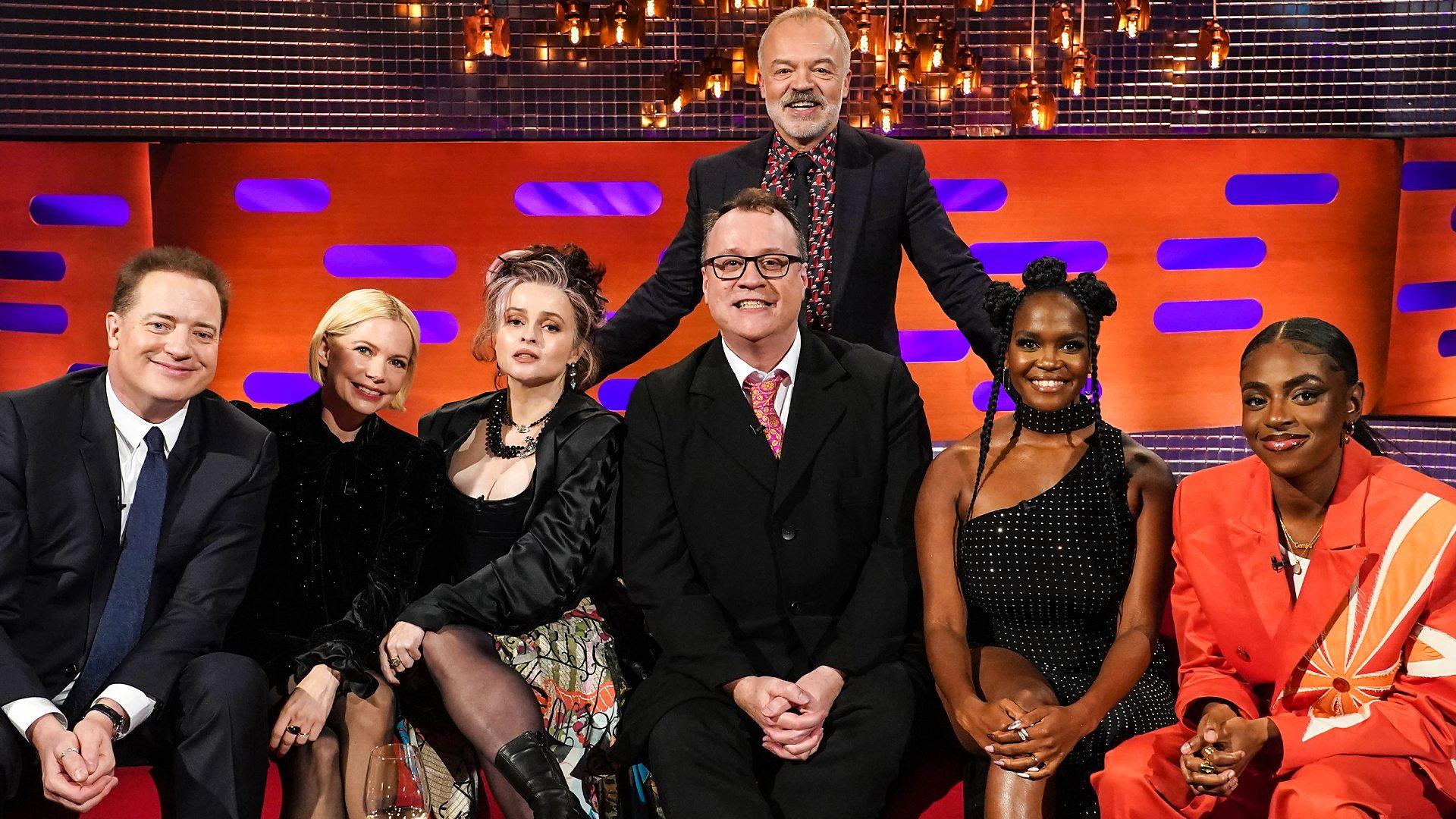 Still from Michelle Williams, Helena Bonham Carter, Russell T Davies, Oti Mabuse, Brendan Fraser and Cat Burns