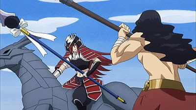 Still from Erza vs. Sagittarius! Horseback Showdown!