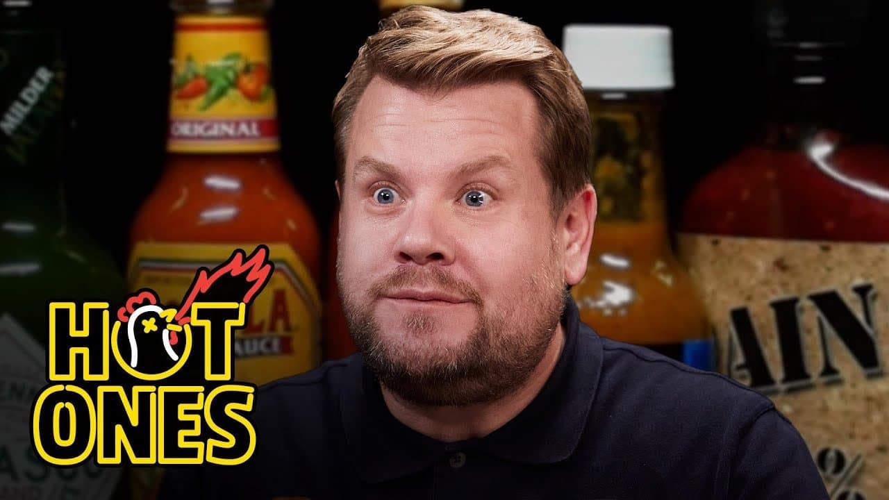 Still from James Corden Experiences Mouth Karma While Eating Spicy Wings