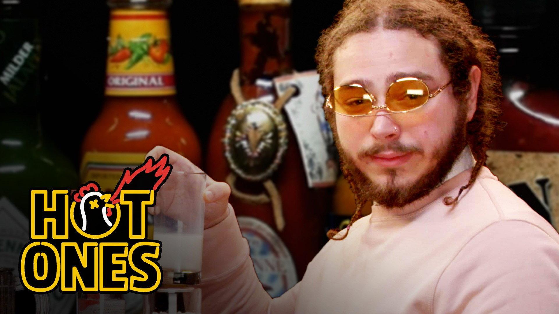 Still from Post Malone Sauces on Everyone While Eating Spicy Wings