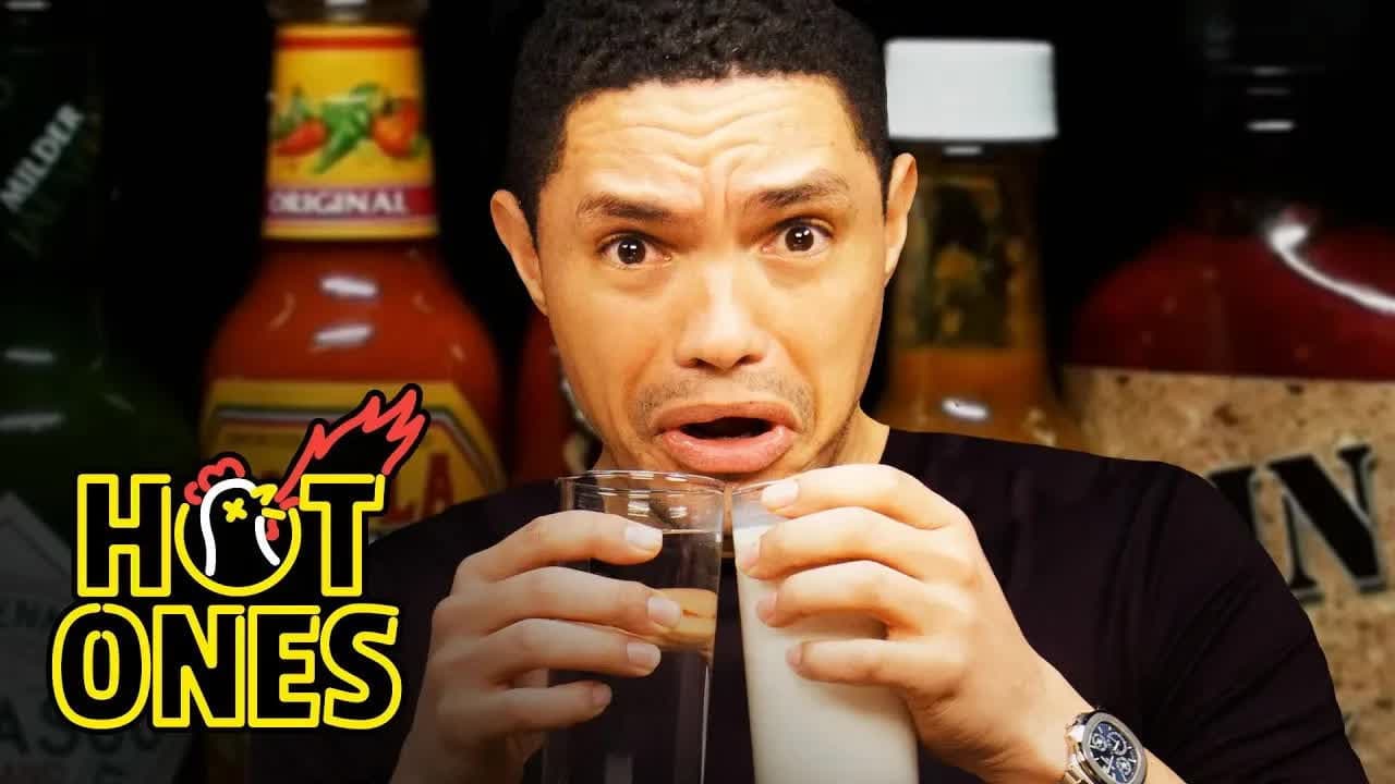 Still from Trevor Noah Rides a Pain Rollercoster While Eating Spicy Wings